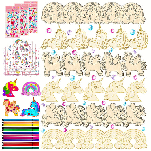 Wooden Unicorn Craft Set for Kids with 30 Wood Pieces 12 Watercolor Pens