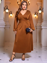 Solid Lantern Sleeve Surplice Neck Maxi Dress