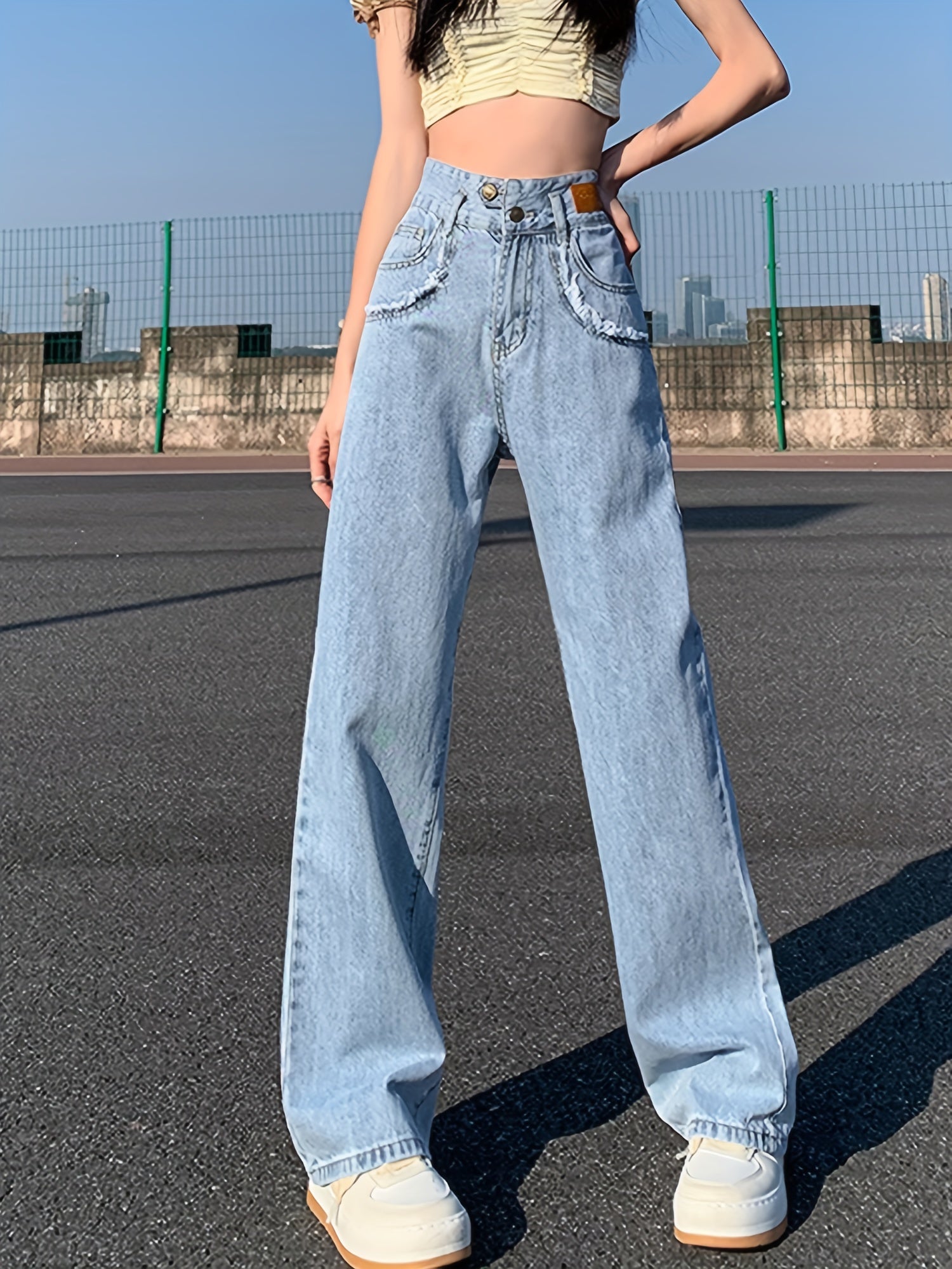 High Waist Loose Fit Straight Jeans Non Stretch High Rise Denim Pants