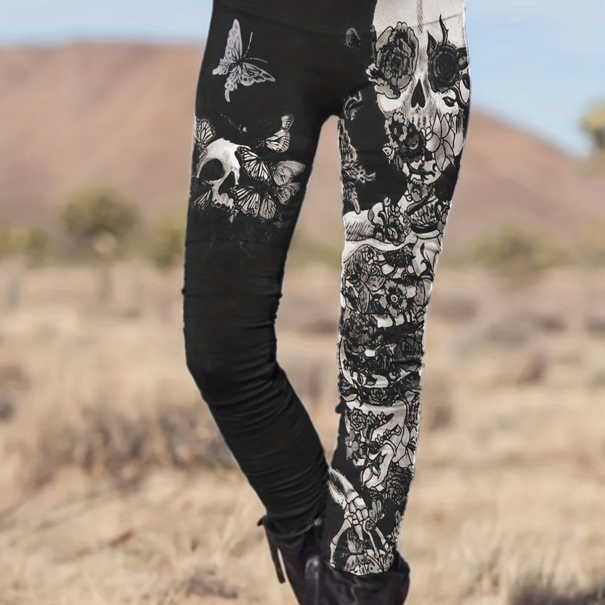  Skull & Floral Print High Rise Gothic Leggings