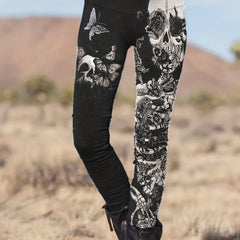  Skull & Floral Print High Rise Gothic Leggings