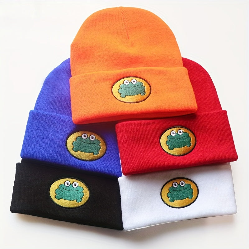 Warm Knit Beanie Hat with Cartoon Frog Pattern for Men Women
