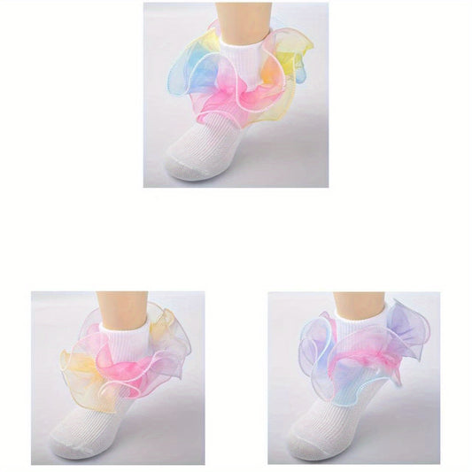 3 Pairs Baby Girls Rainbow Lace Ruffled Socks Breathable Comfy Socks