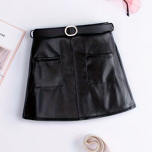 Toddler Girls Casual PU Leather Skirt With Belt