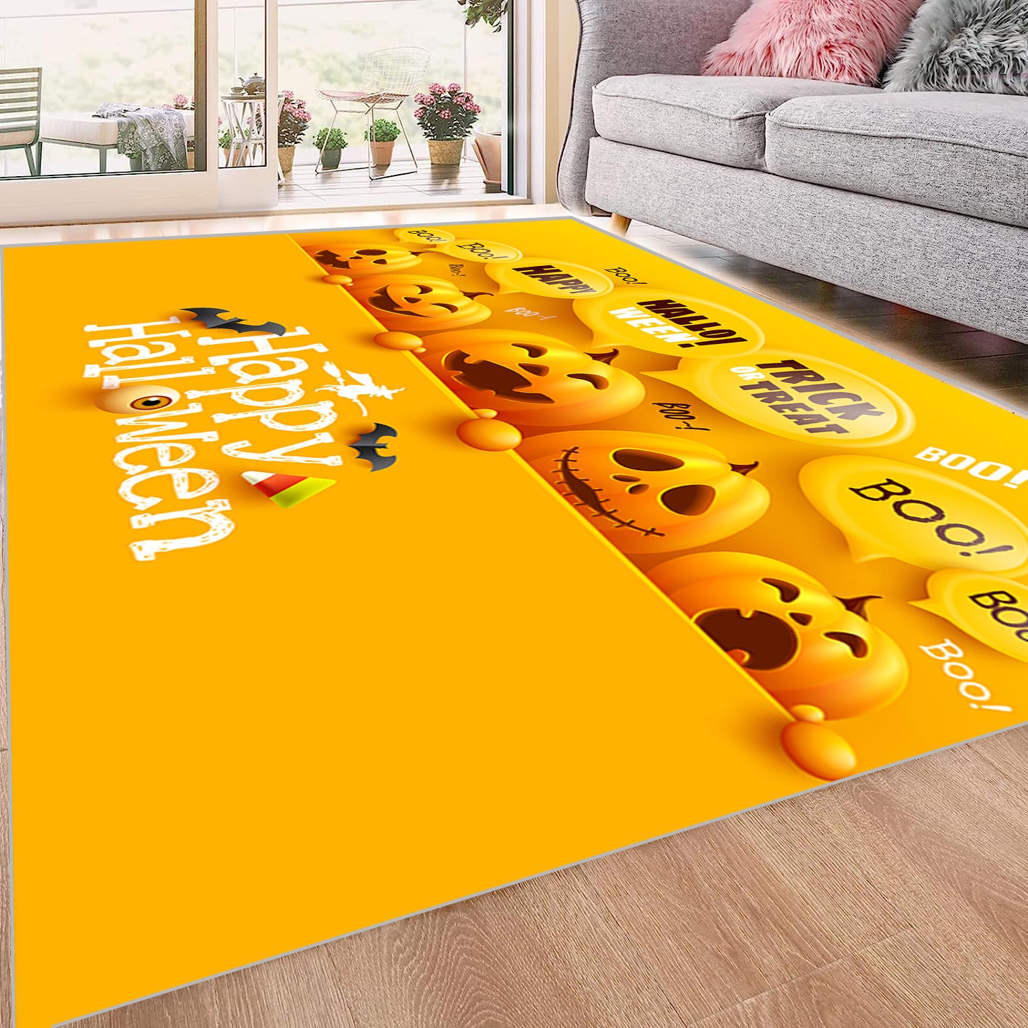 Yellow Pumpkin Pattern Carpet Easy to Clean Living Room Kitchen Fall Decor