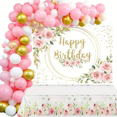158pcs Pink Flower Birthday Party Supplies with Arch Garland Kit