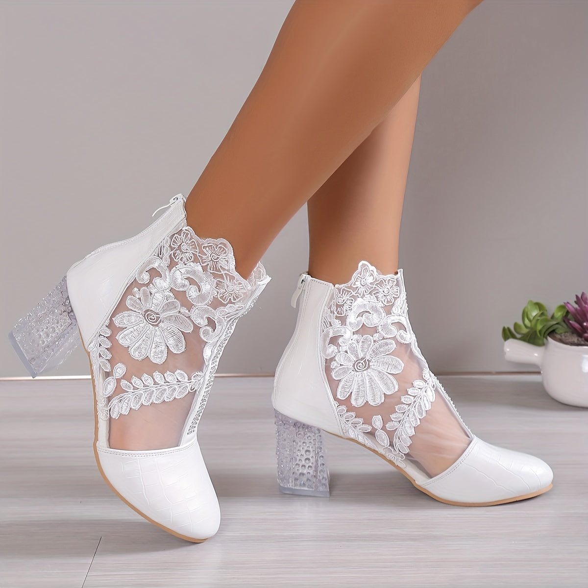 Floral Print Lace Ankle Boots High Heel Shoes