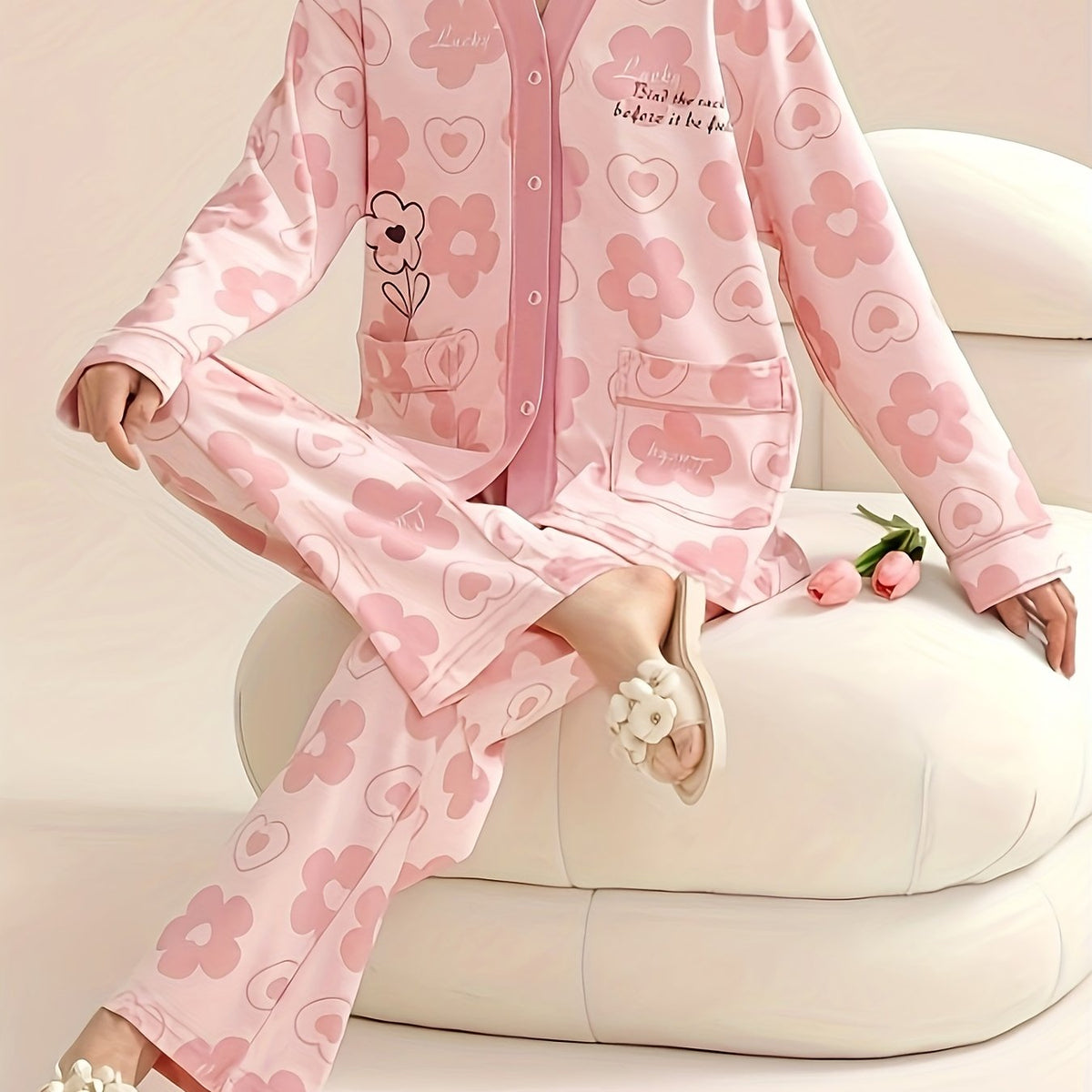 Floral Print Pajama Set Long Sleeve V Neck