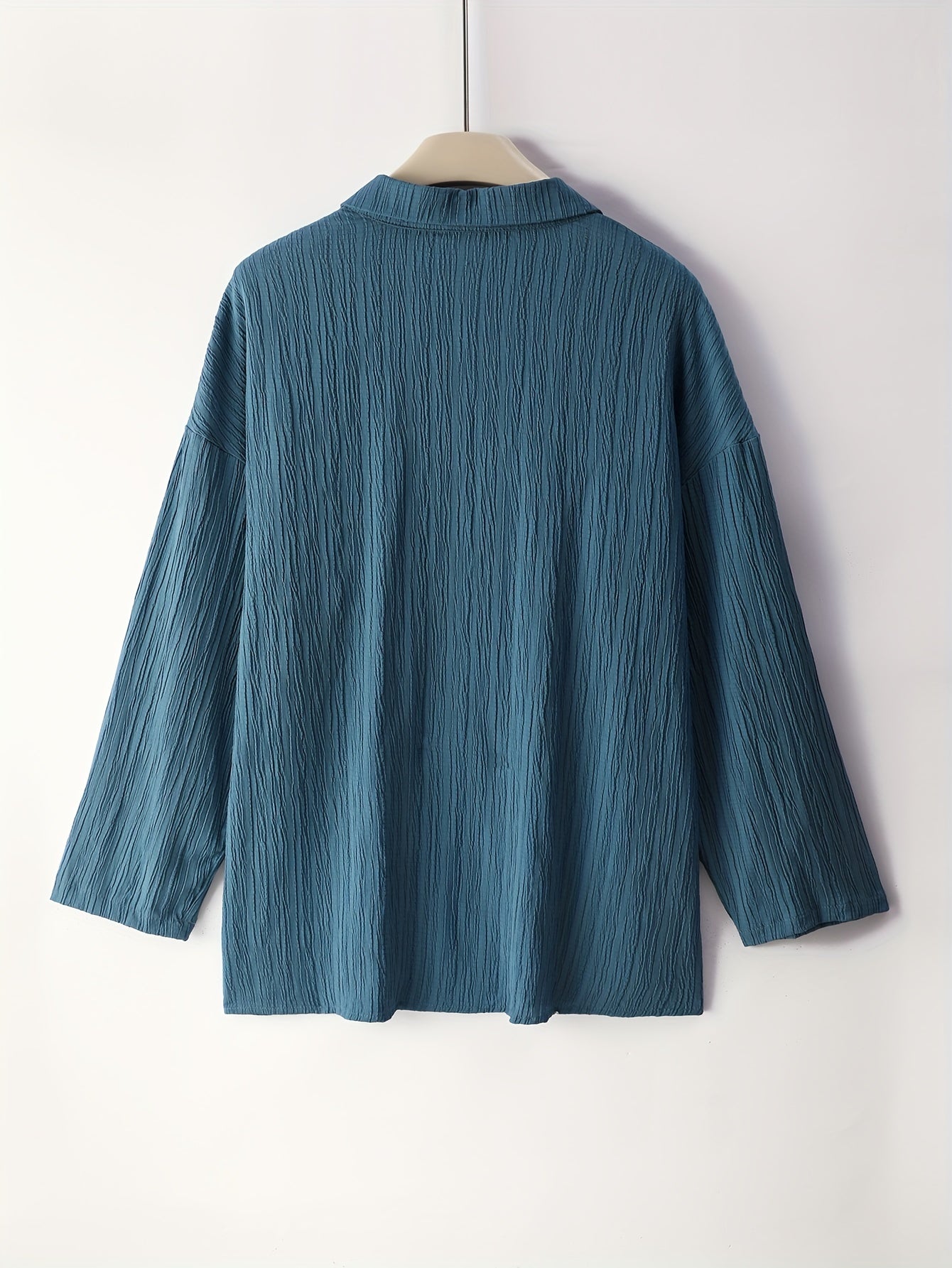  Solid Crinkle Button Up Roll Up Sleeve Blouse