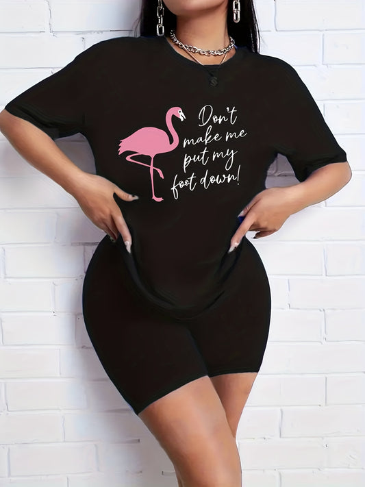 Flamingo Print T-shirt & Solid Shorts Set Women's Activewear