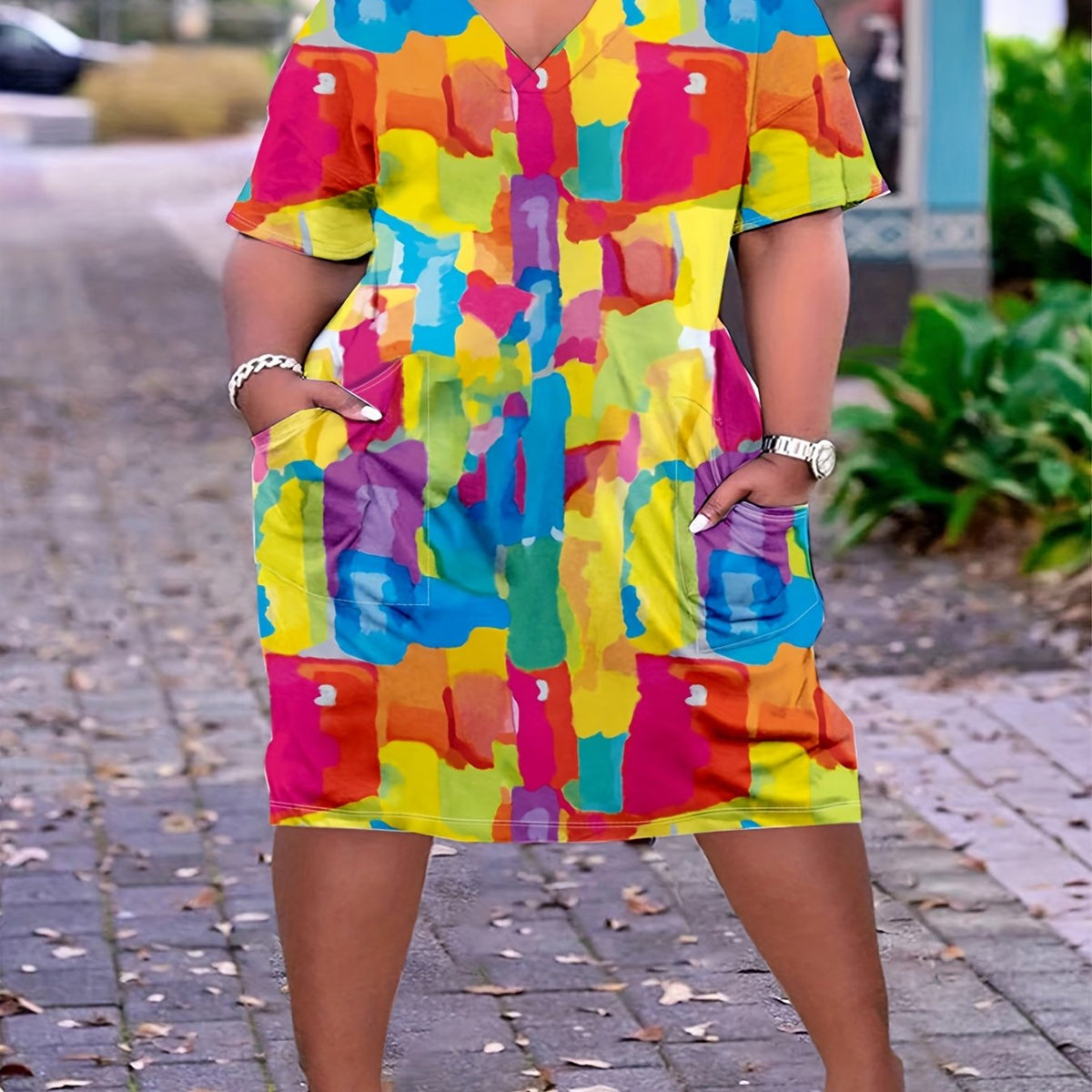  Colorblock Geometric Print Short Sleeve Dress with Pockets