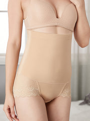 High Waist Mesh Stitching Shaping Panties Tummy Control Scalloped Trim Underwear