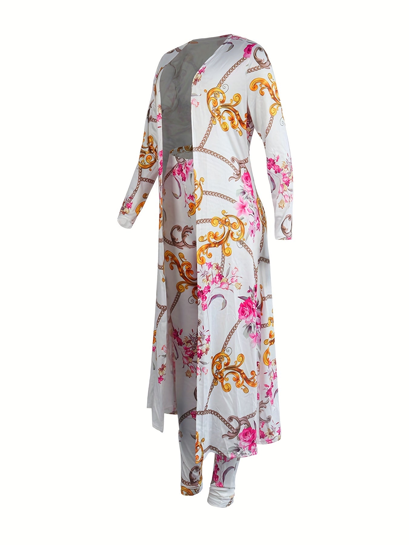 Chain & Floral Print 2pc Set Open Front Coat & High Waist Pants