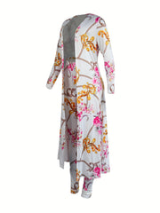 Chain & Floral Print 2pc Set Open Front Coat & High Waist Pants