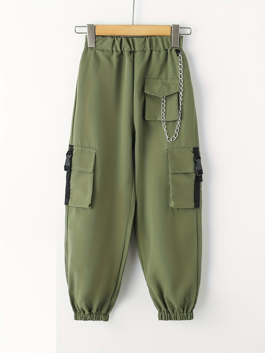 Girls Cargo Pants with Buckle Tape Chain Detail