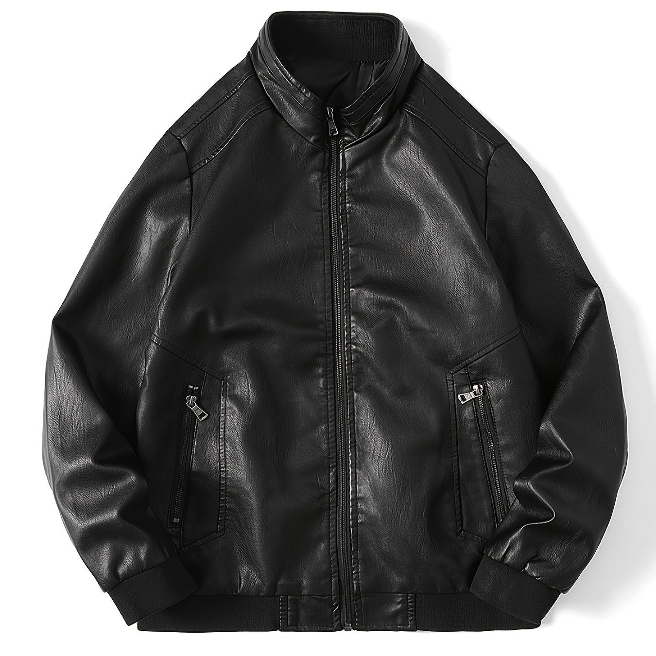 Men's Stylish PU Leather Jacket Zip Up Long Sleeve Jacket