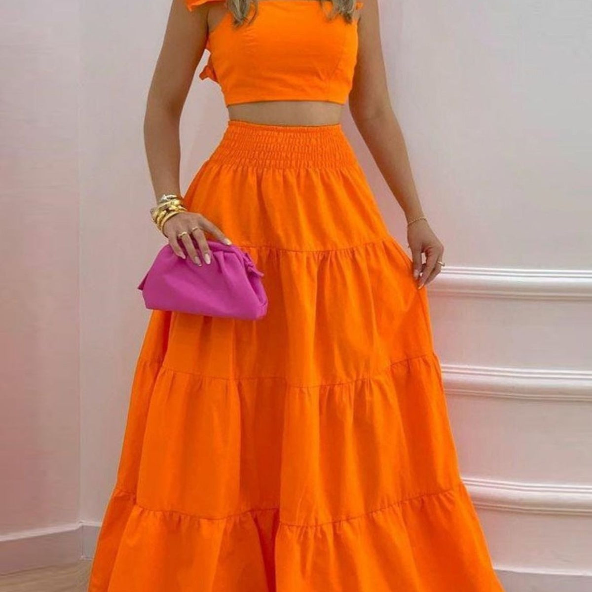 Women's Solid Tight Top & Swing Skirt Set