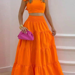 Women's Solid Tight Top & Swing Skirt Set