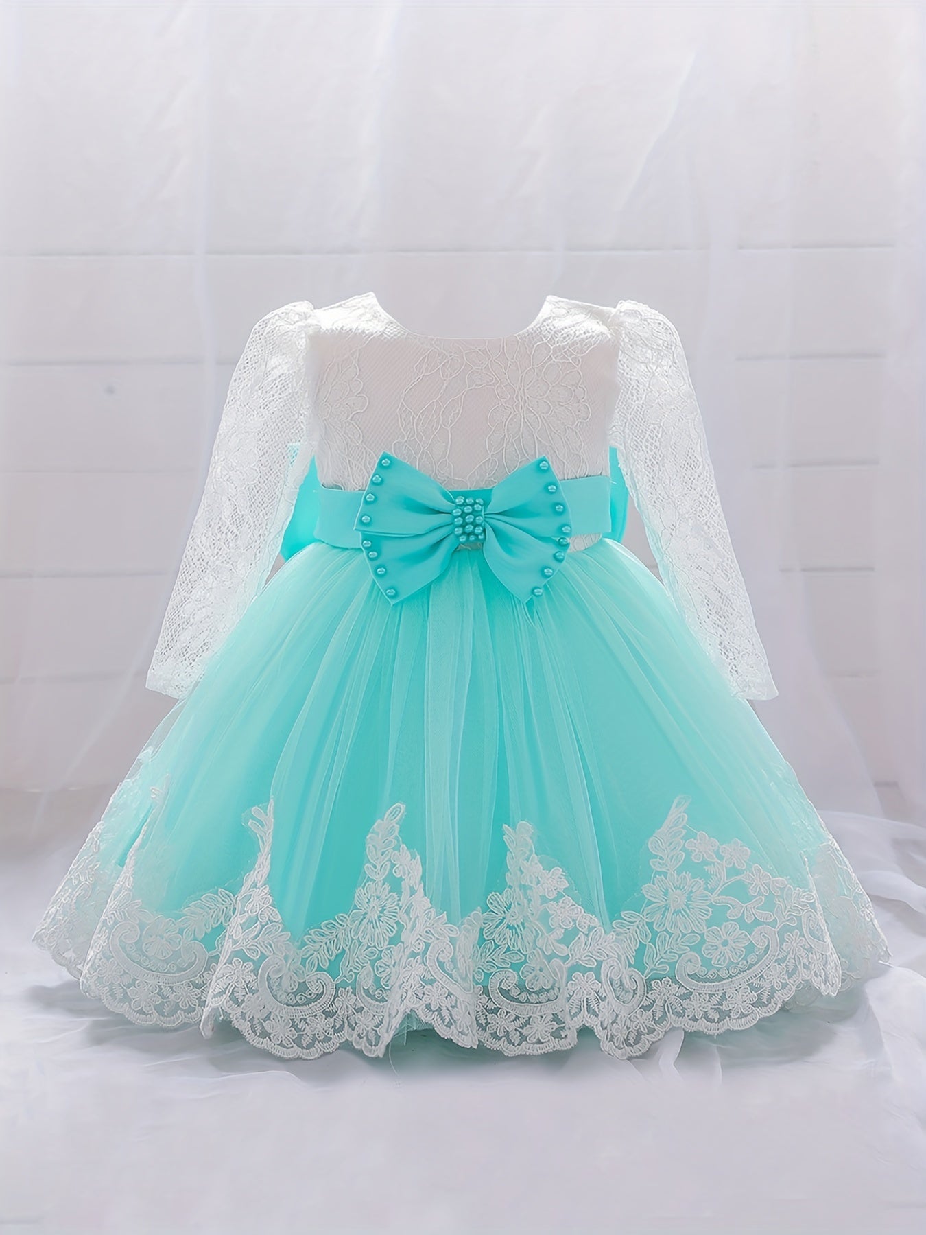 Girls Lace Long Sleeve Puffy Princess Dress With Bow