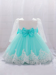 Girls Lace Long Sleeve Puffy Princess Dress With Bow