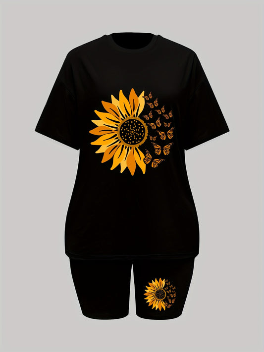 Flower & Butterfly Lounge Set Short Sleeve Top & Cozy Shorts