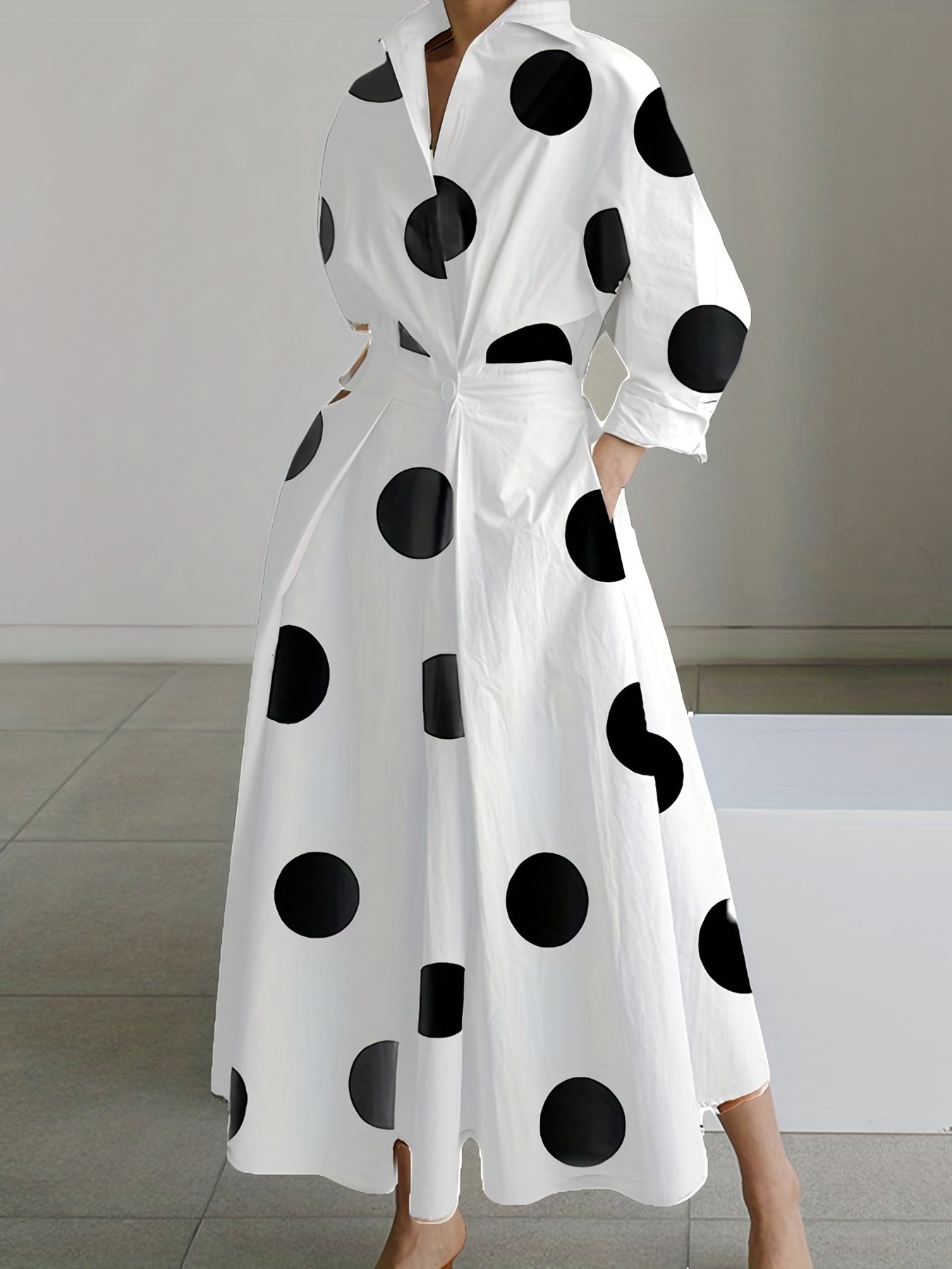  Dot Print Long Sleeve Button Up Collar Maxi Dress