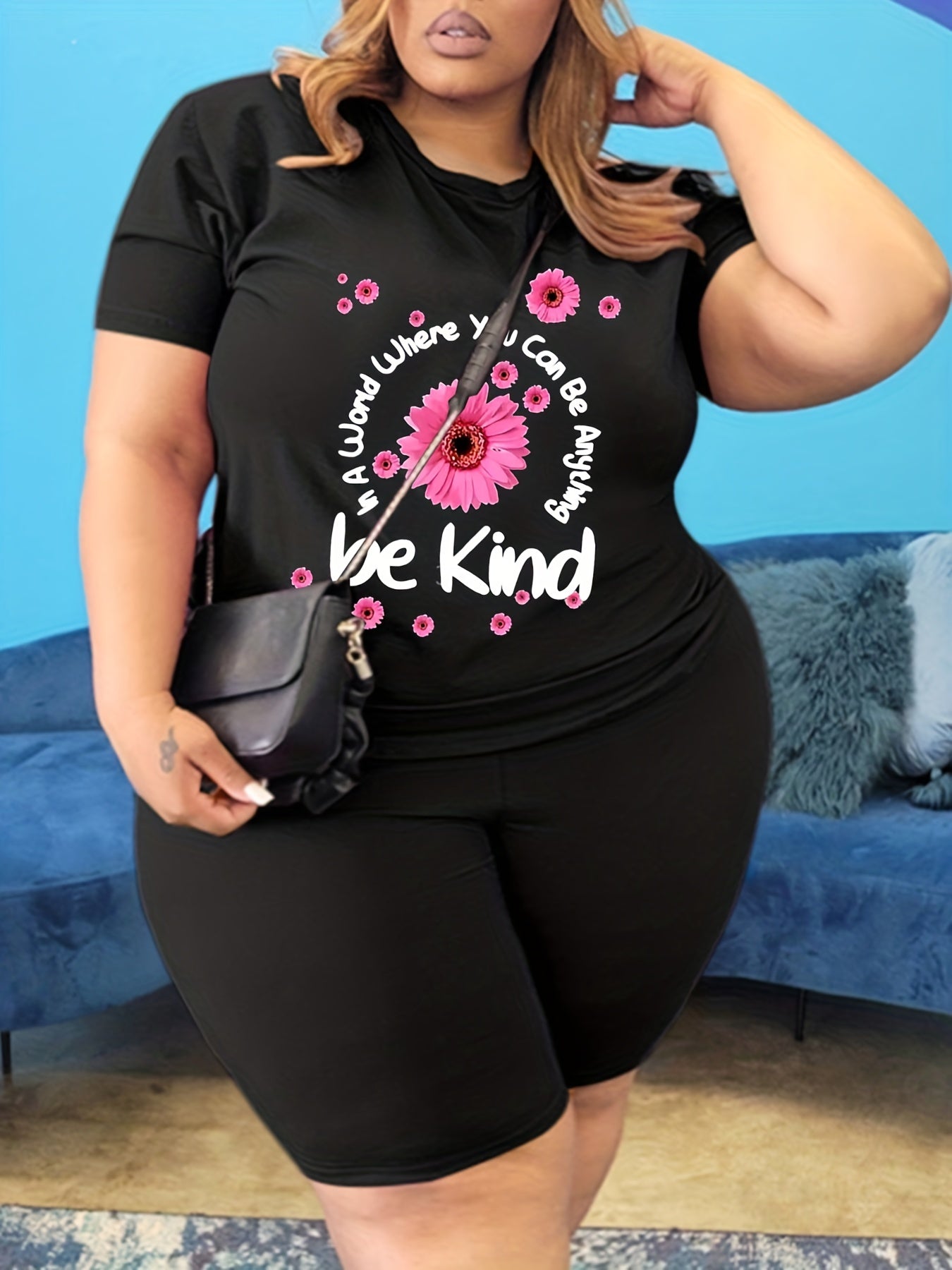 Women's Plus Floral & Slogan Print 2 Piece Set