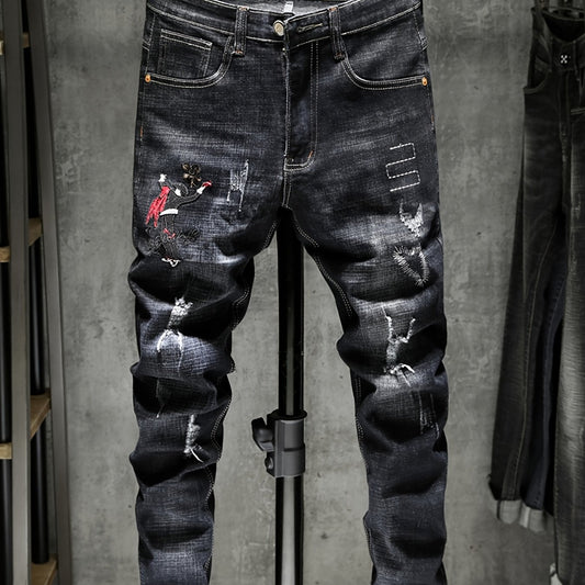 Men's Embroidered Print Denim Jeans Slim Straight Stretch Pants
