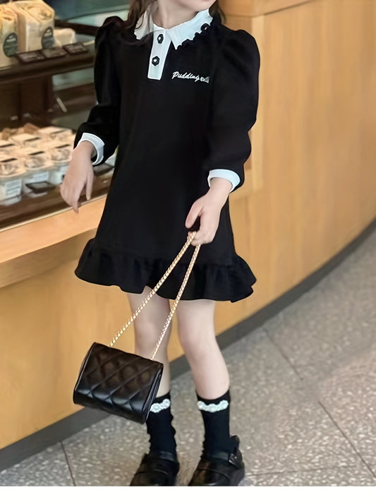 Girls Sweet Polo Collar Long Sleeve Casual Dress
