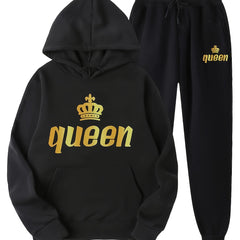  Letter & Crown Print Hoodie & Joggers Set