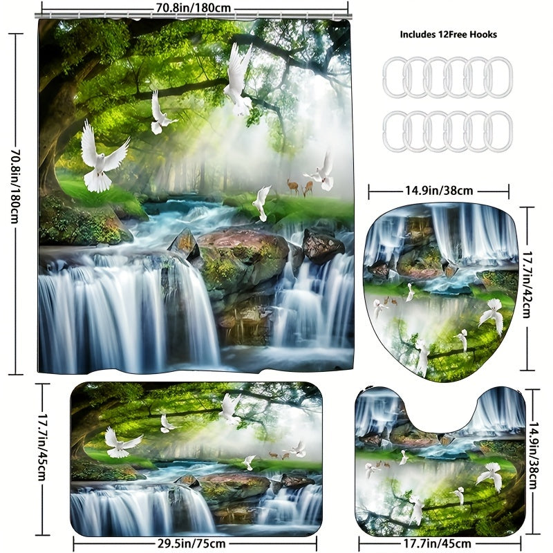 3pcs Pigeons Waterfall Landscape Shower Curtain Set