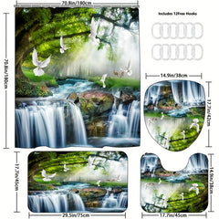 3pcs Pigeons Waterfall Landscape Shower Curtain Set