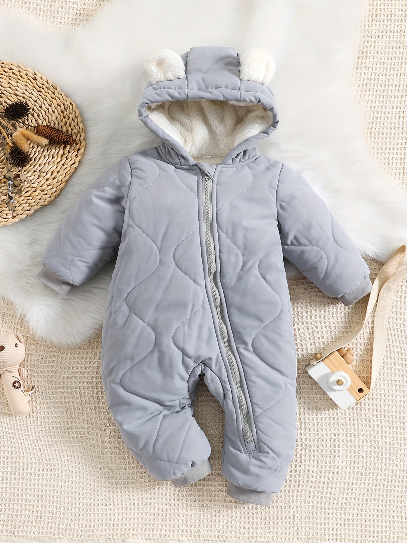 Infant Hooded Thick Romper Long Sleeve Zipper Thermal Jumpsuit