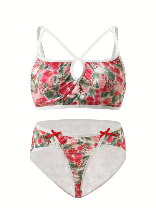  Tie Dye Rose Print Bra & Underwear Set Vintage Boho Lingerie