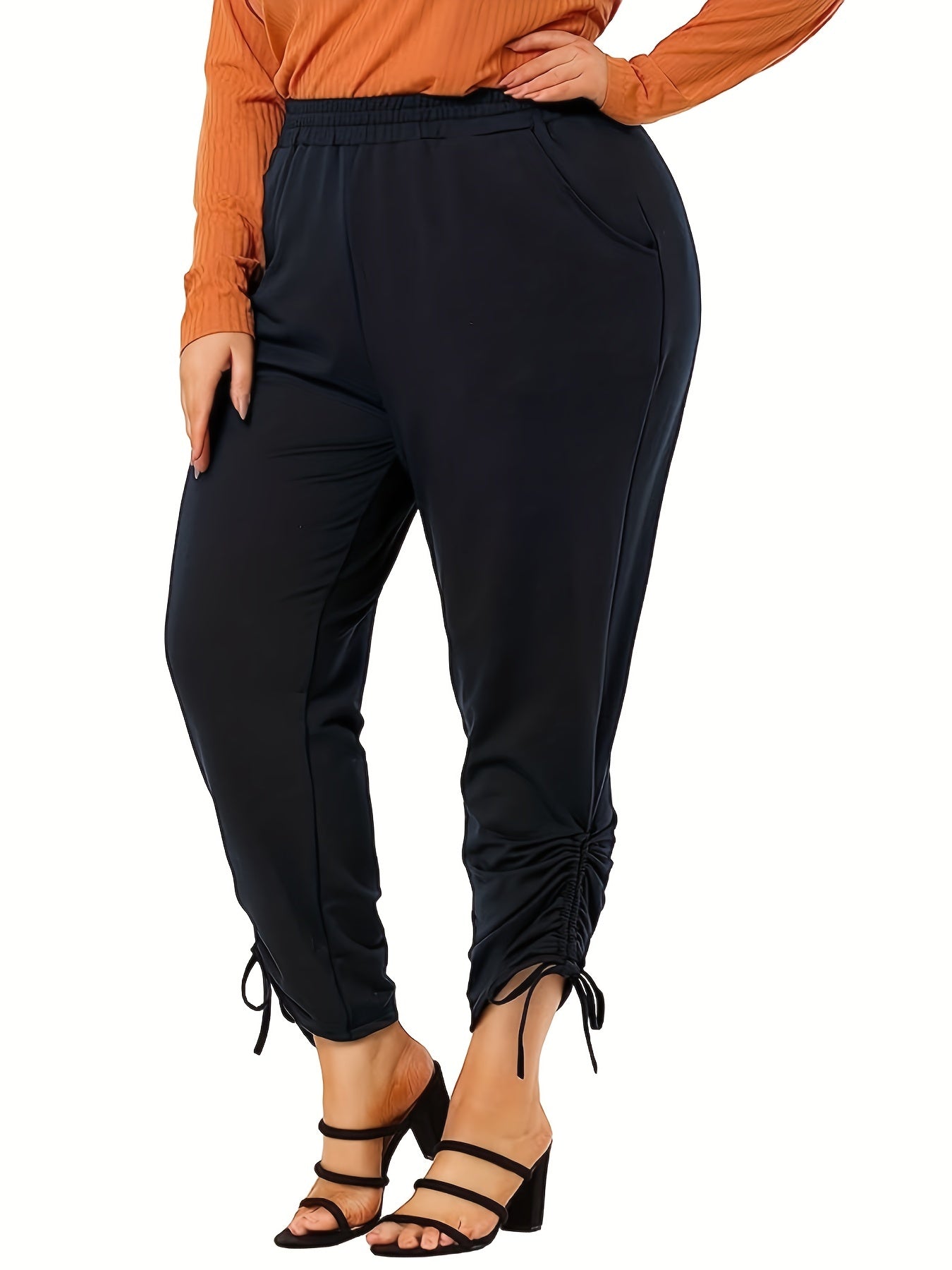  Solid Elastic Ruched Crop Trousers With Pockets