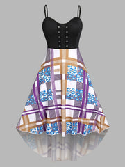  Plaid Print Grommet Sweetheart Neck Dress