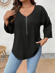  Ribbed Half Zip V Neck Top