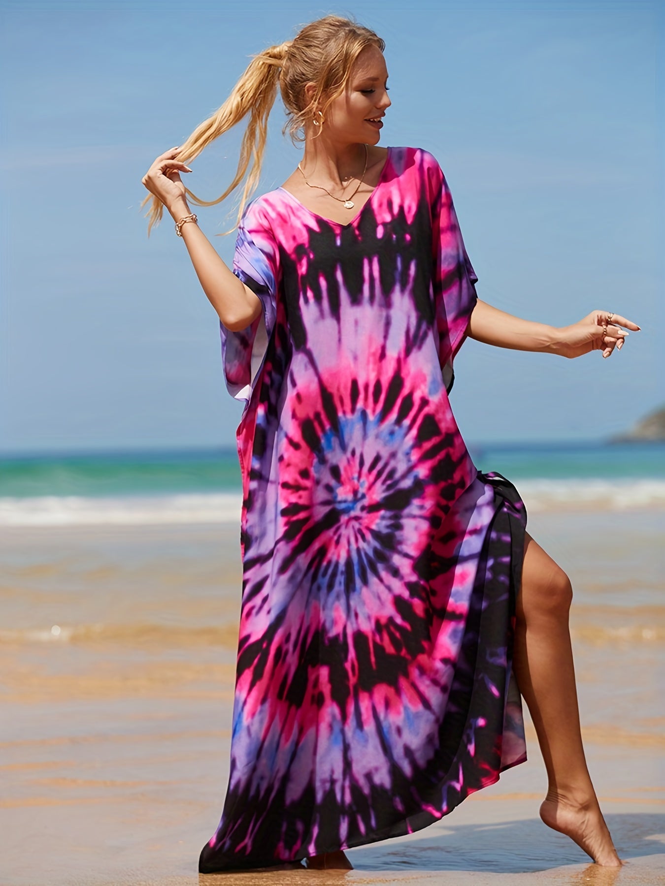  Tie Dye Bat Sleeve V Neck Cover Up Dress