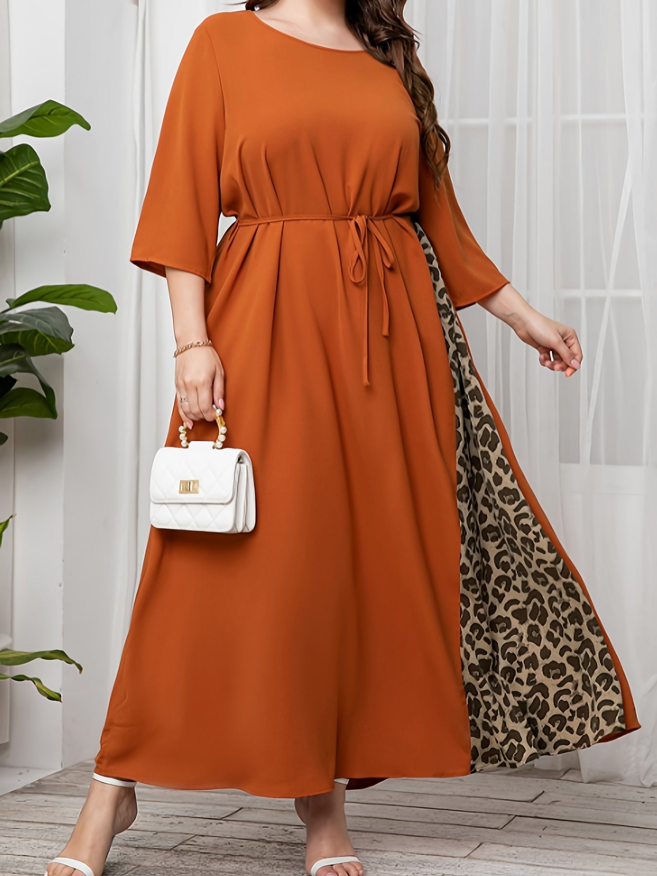  Colorblock Leopard Print Kaftan Maxi Dress with Belt
