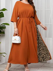  Colorblock Leopard Print Kaftan Maxi Dress with Belt