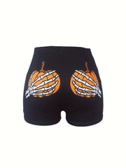 Women's Plus Skull & Pumpkin Print High Rise Stretch Shorts