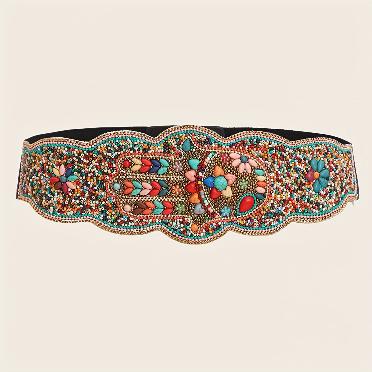 Bohemian Turquoise Beads Wide Belt Palm Pattern Belts Vintage Irregular Edge