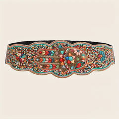 Bohemian Turquoise Beads Wide Belt Palm Pattern Belts Vintage Irregular Edge