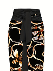  Chain & Bee Print Swimsuit Set with Cover Up Skirt