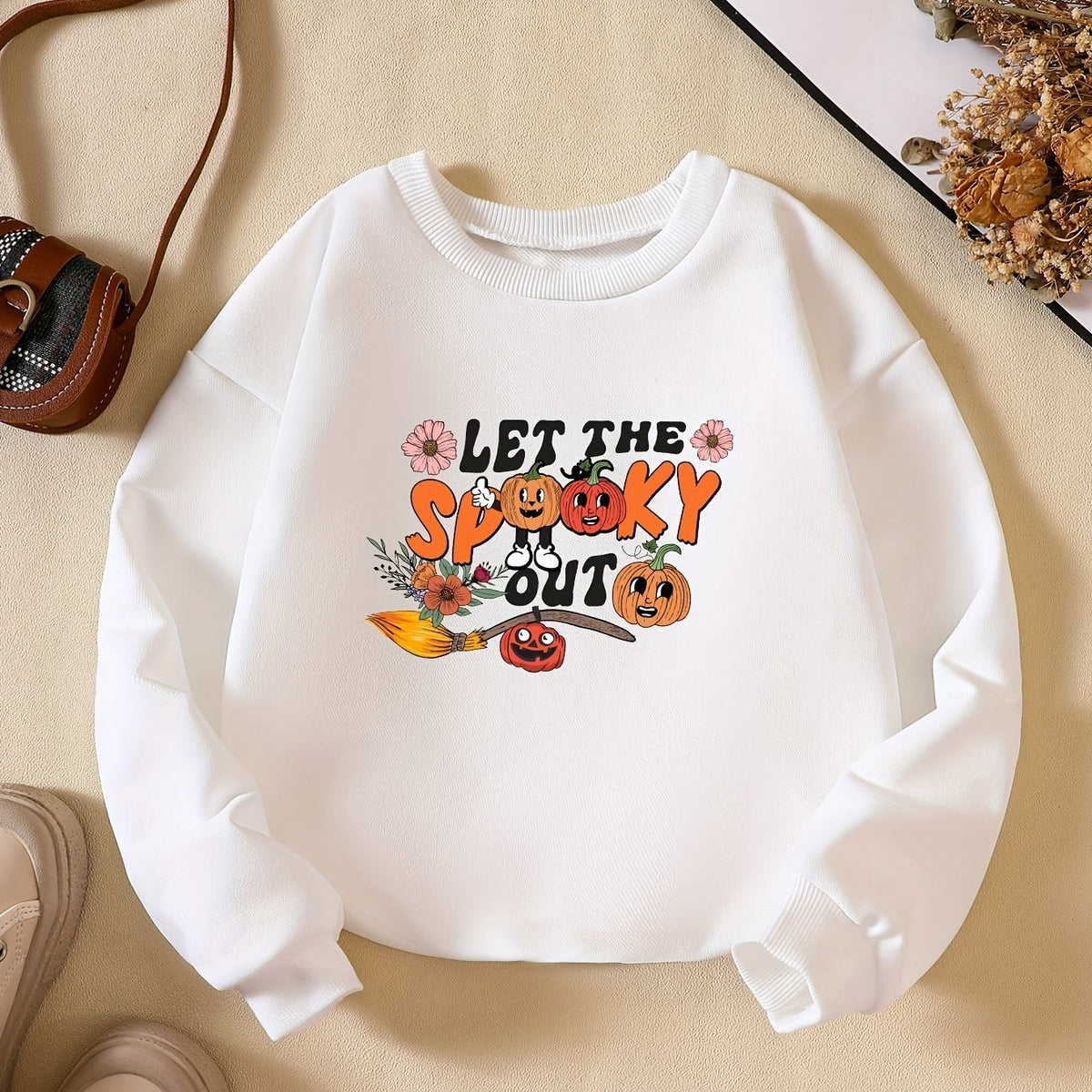 Girls' Pumpkin & Flowers Print Crew Neck Sweatshirt Long Sleeve Pullovers