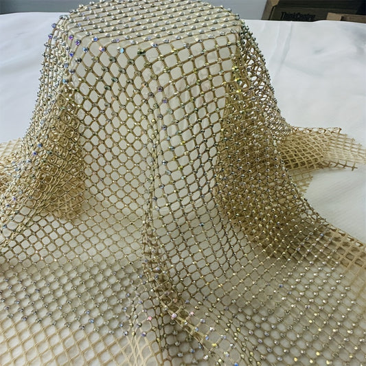 Golden Shadow Rhinestones Mesh Applique Fabric Elastic Crystal Trim