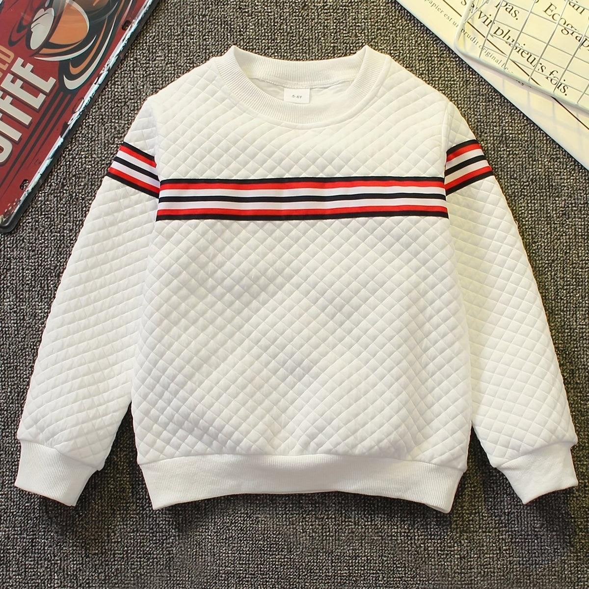 Boys Striped Textured Pullover Sweatshirt Crew Neck Tops