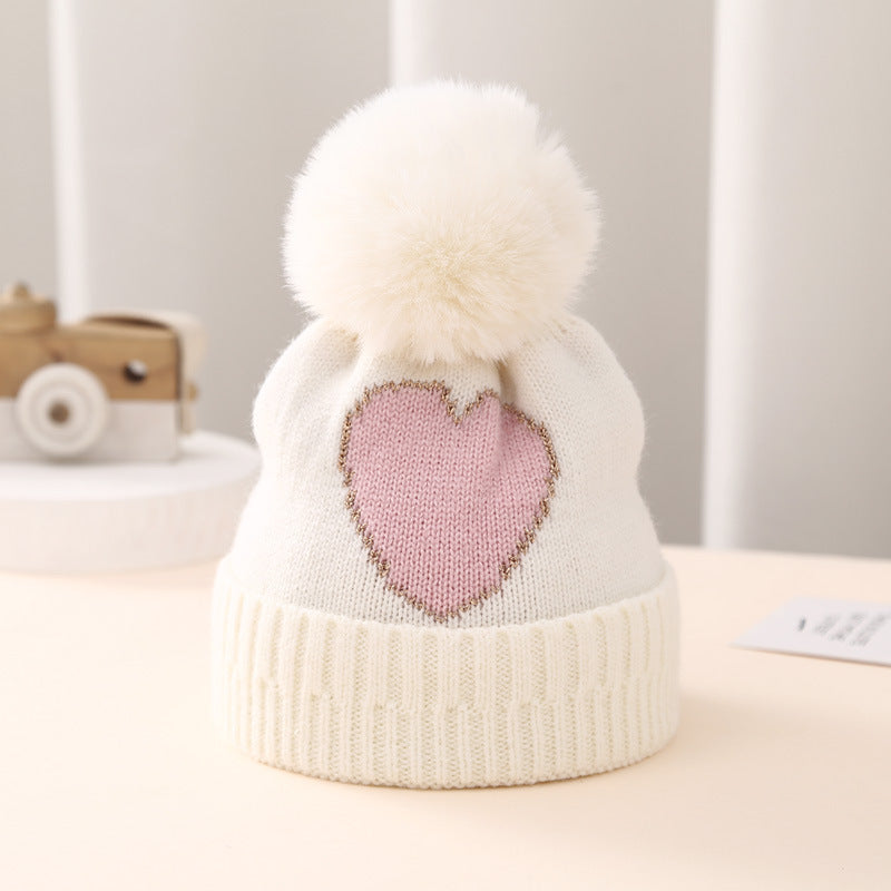 Golden Silk Edge Jacquard Love Knitted Hat for Children