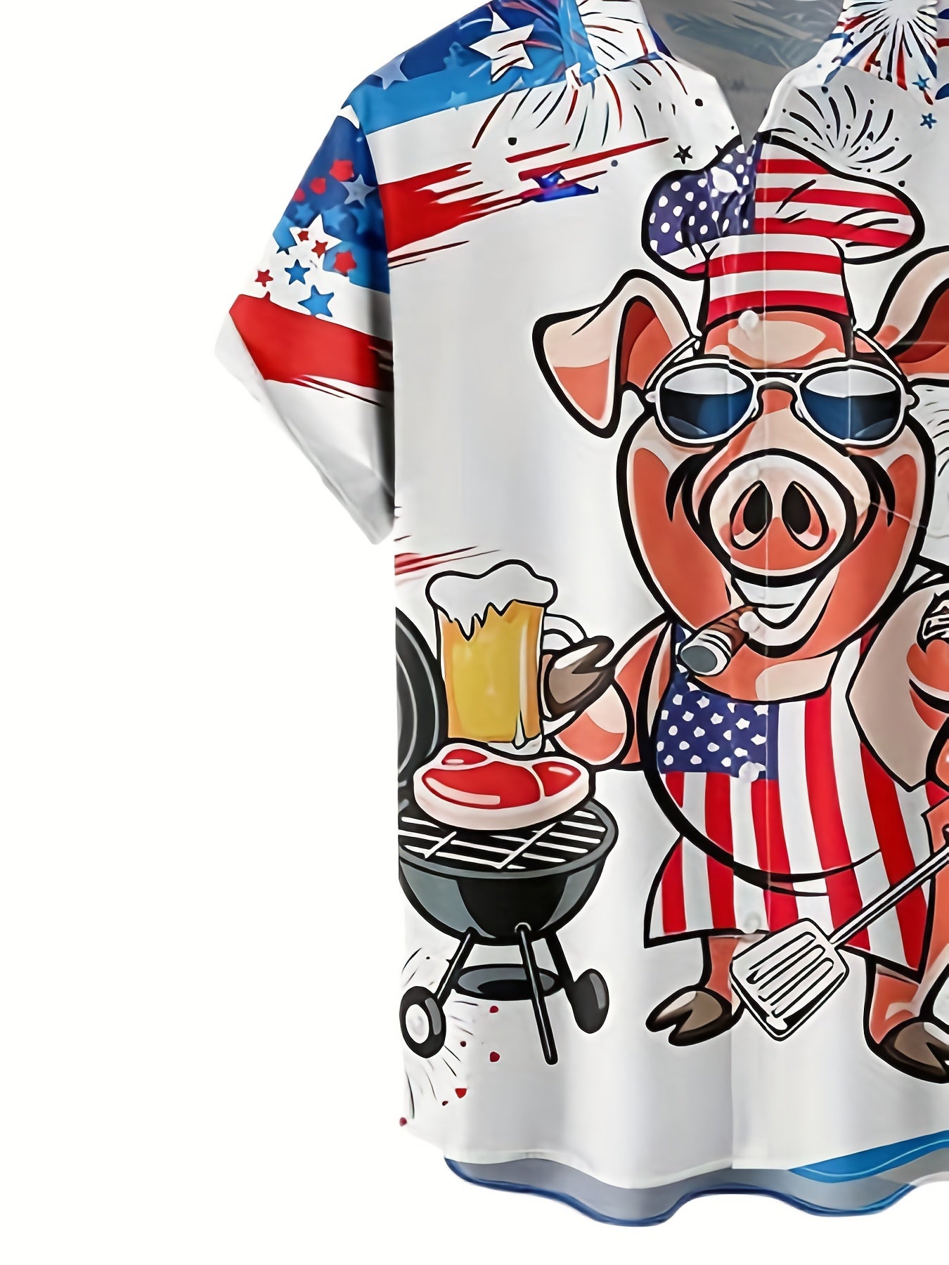 Funny Cartoon Pig Men's Short Sleeve Shirt with American Flag Print