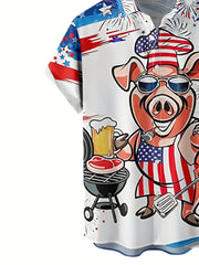 Funny Cartoon Pig Men's Short Sleeve Shirt with American Flag Print